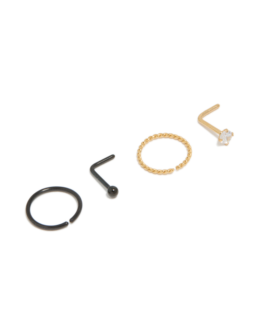 Discover mixed metal plated surgical steel diamante twist nose rings and studs 4-pack featuring balls with diamond accents in gold plated stud front view