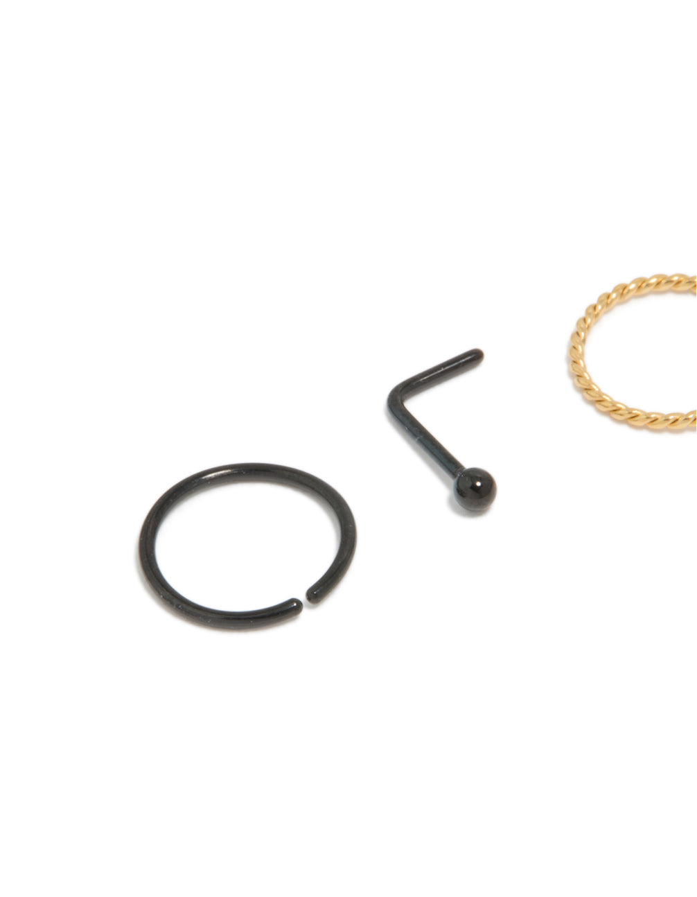 Crafted from mixed metal plated surgical steel diamante twist nose rings and studs 4-pack with balls diamond in gold plated stud closure detail view