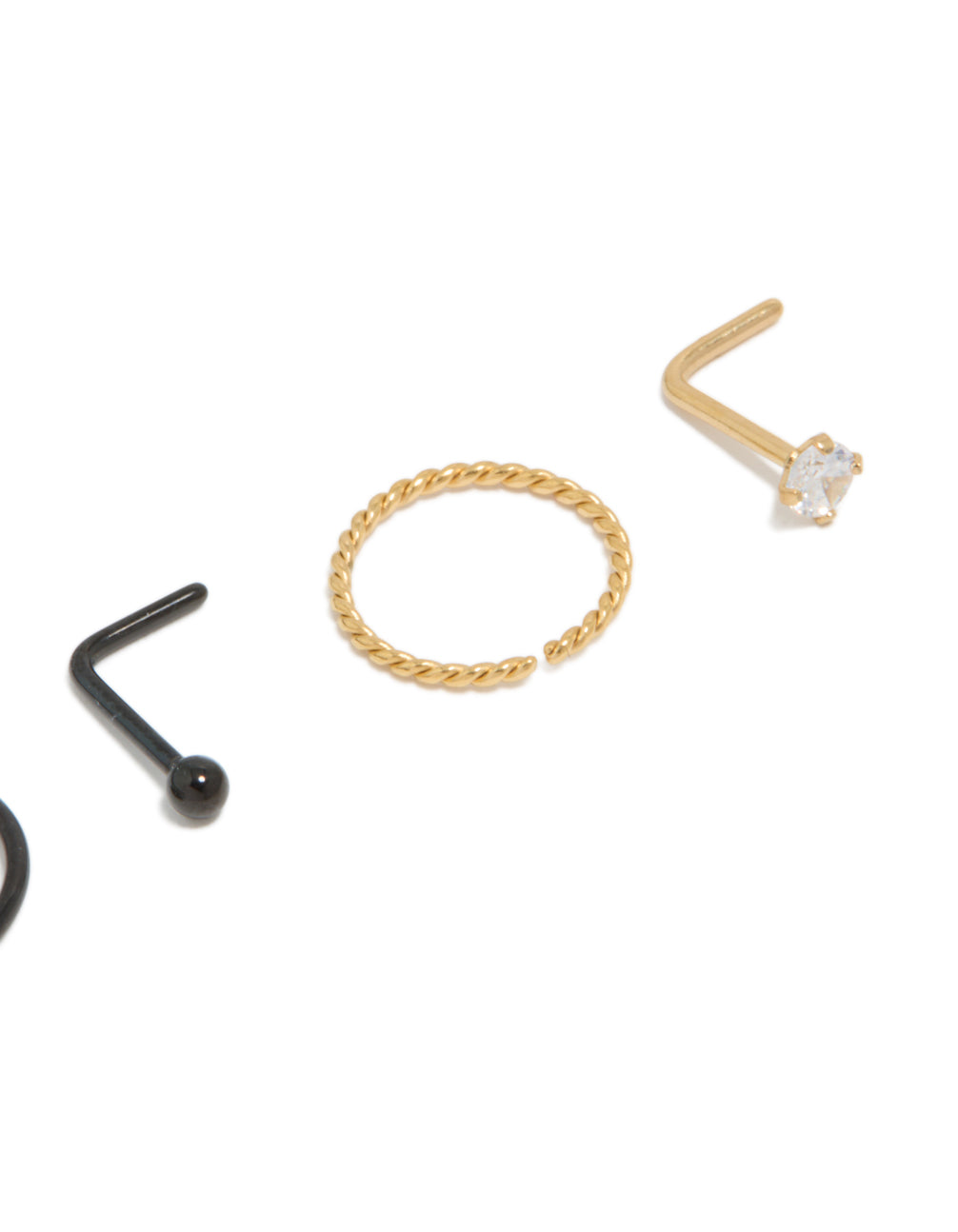 Crafted from mixed metal plated surgical steel diamante twist nose rings and studs 4-pack with balls diamond in gold plated stud closure detail view