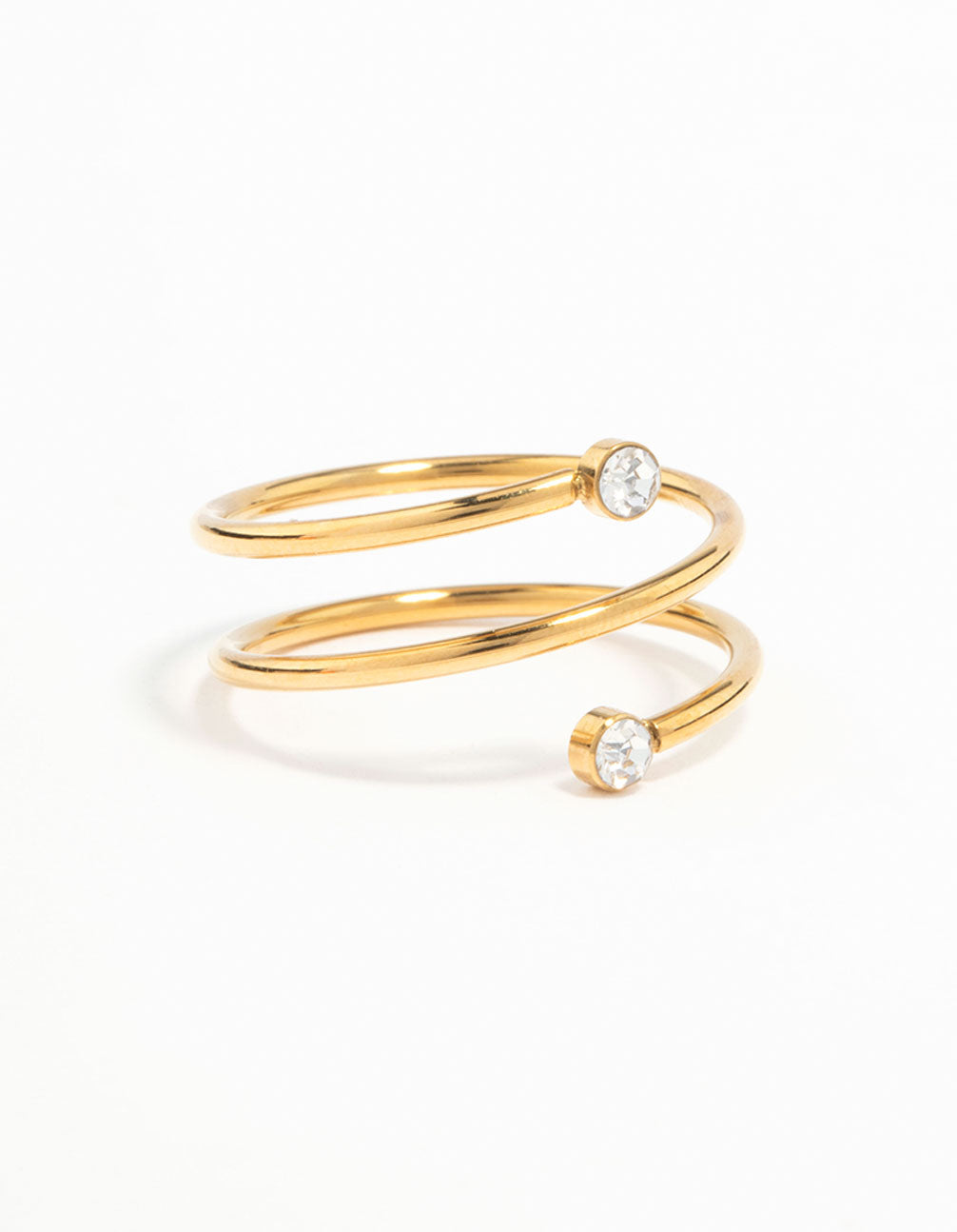 Showcasing a waterproof gold plated stainless steel diamante coil ring front view