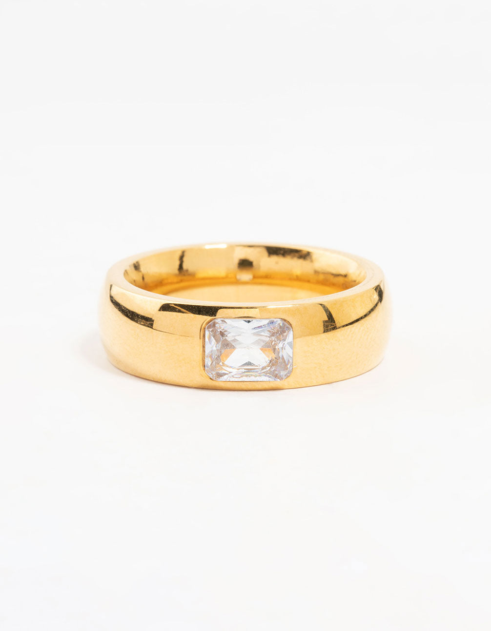 Waterproof Gold Plated Stainless Steel Wide Band Cubic Zirconia Ring