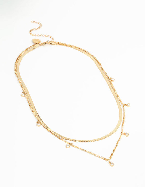 Waterproof Gold Plated Stainless Steel Cubic Zirconia Snake & Charm Layered Necklace