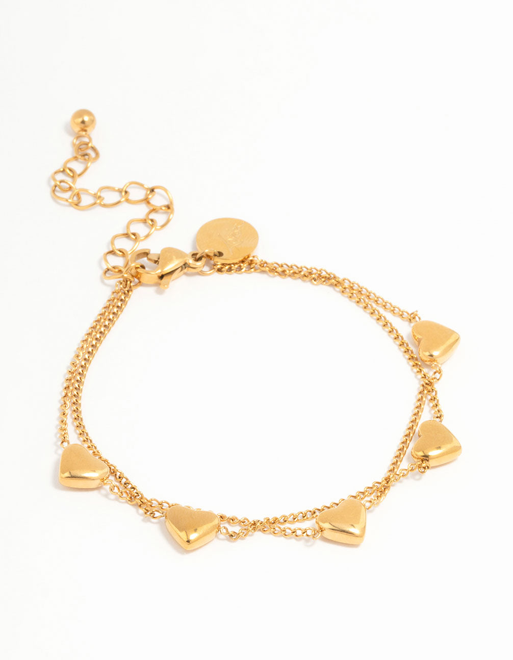 Beautifully crafted waterproof heart charm bracelet in gold plated stainless steel front view
