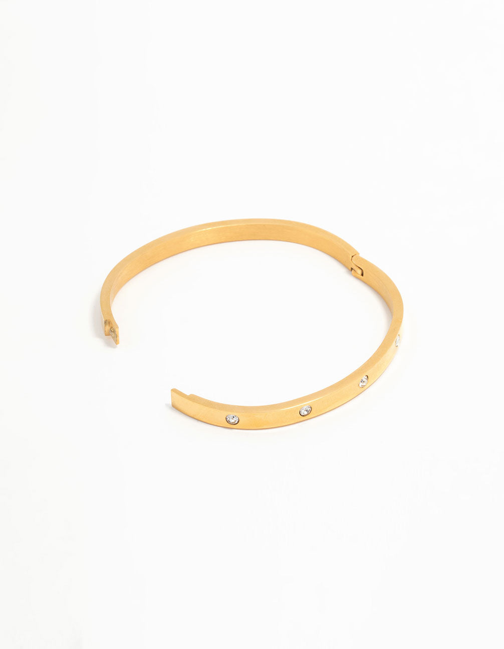 Designed with waterproof gold plated stainless steel and crystal accents diamante hinge bangle closure detail view