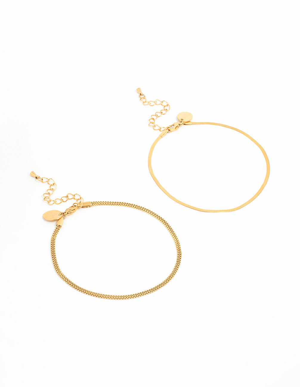Showcasing a waterproof gold plated stainless steel mixed snake chain anklets 2-pack front view
