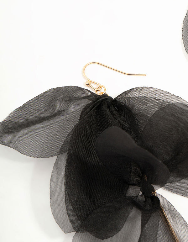 Black Chiffon Fabric Petal Leaf Drop Earrings