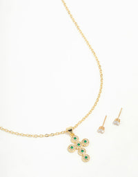 Gold Plated Green Cubic Zirconia  Cross Necklace & Stud Earring Set - link has visual effect only