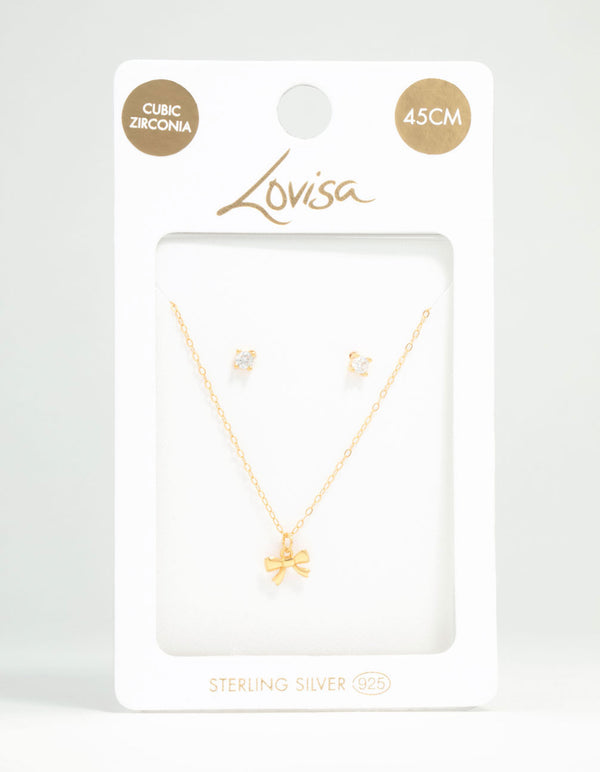 Gold Plated Sterling Silver Bow Necklace & Cubic Zirconia Studs Set