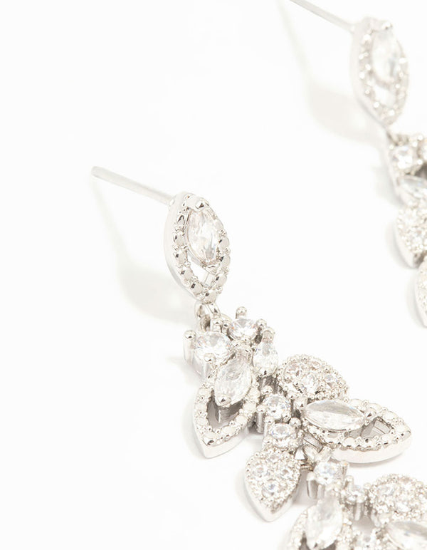 Silver Cubic Zirconia Cluster Leaf Drop Earrings