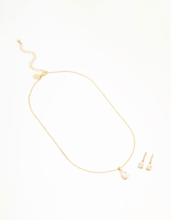 Gold Plated Cubic Zirconia Drop Necklace & Stud Earrings Set