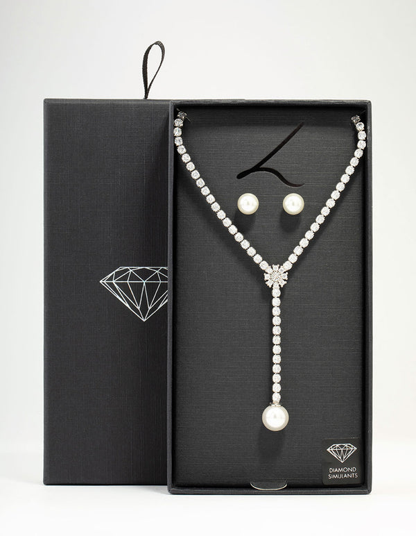 Silver Cubic Zirconia Pearl Y-Necklace & Earrings Set