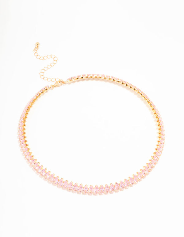 Pink Cubic Zirconia Navette Choker Gold Necklace