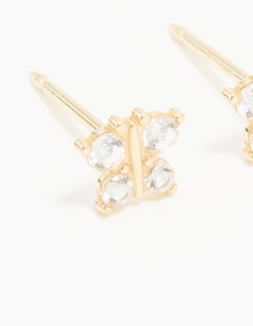 Stunning 14K Solid Yellow Gold Cubic Zirconia Butterfly Piercing Stud with statement style featuring stud closure in gold and clear close up view
