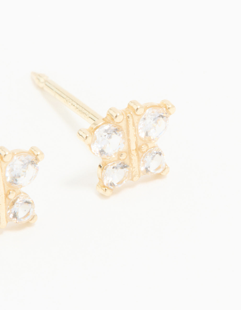 Stunning 14K Solid Yellow Gold Cubic Zirconia Butterfly Piercing Stud with statement style featuring stud closure in gold and clear close up view