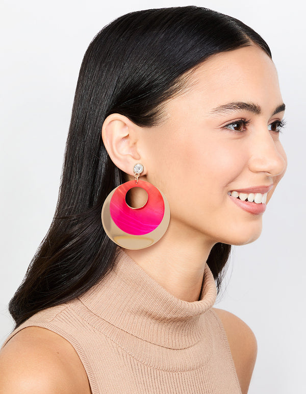 Gold Pink Diamante &  Circle Drop Earrings