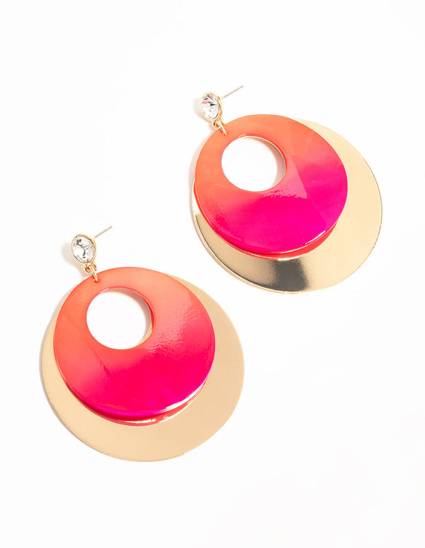 Gold Pink Diamante &  Circle Drop Earrings