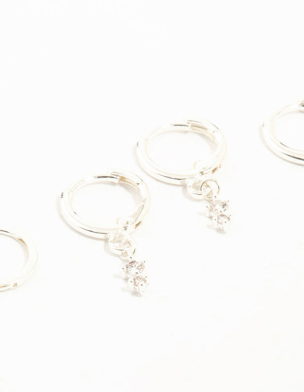 Silver Dainty Round Cubic Zirconia Hoop Earrings 3-Pack