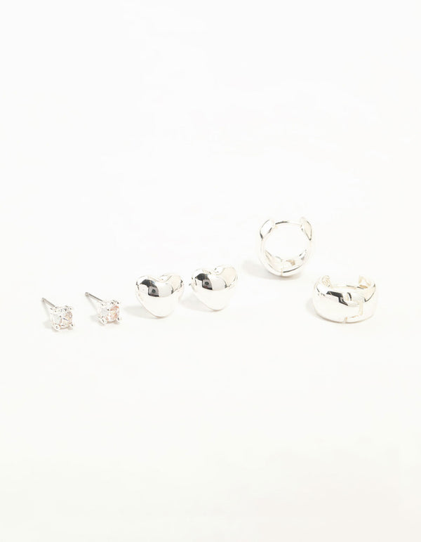 Silver Cubic Zirconia Chubby Heart Stud & Hoop Earrings 3-Pack