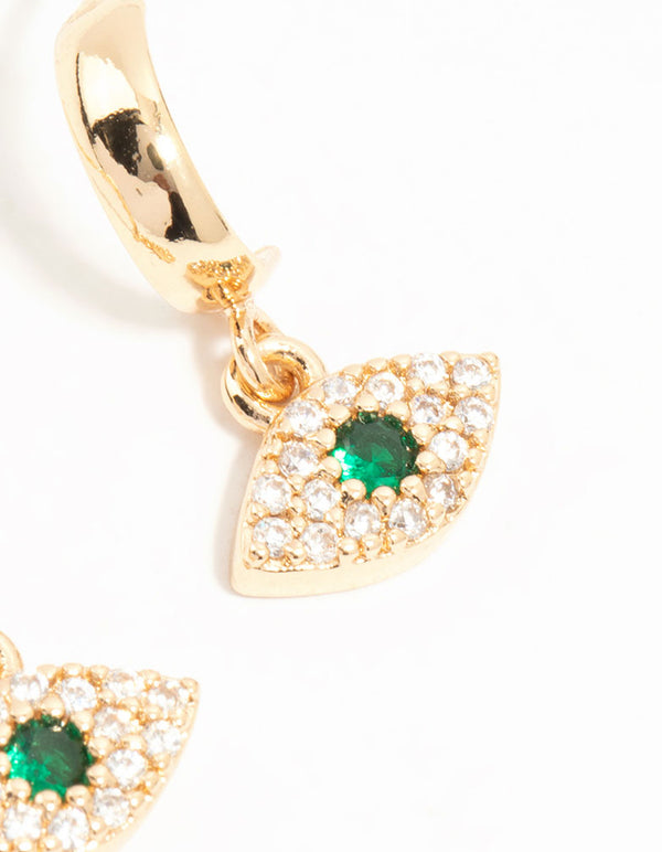 Gold Cubic Zirconia Evil Eye Huggie Drop Earrings