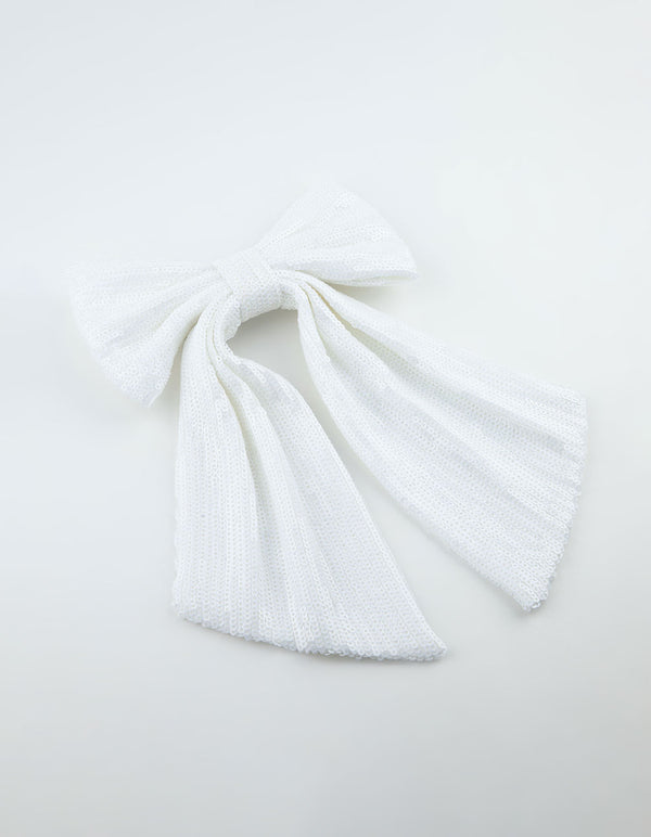White Sequin Fabric Medium Bow Clip