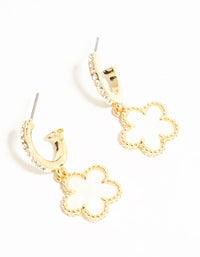 Elegant gold plated flower drop diamante hoop earrings featuring white accents front view - link has visual effect only