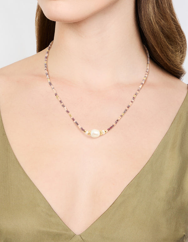 Gold Freshwater Pearl & Mini Purple Bead Necklace