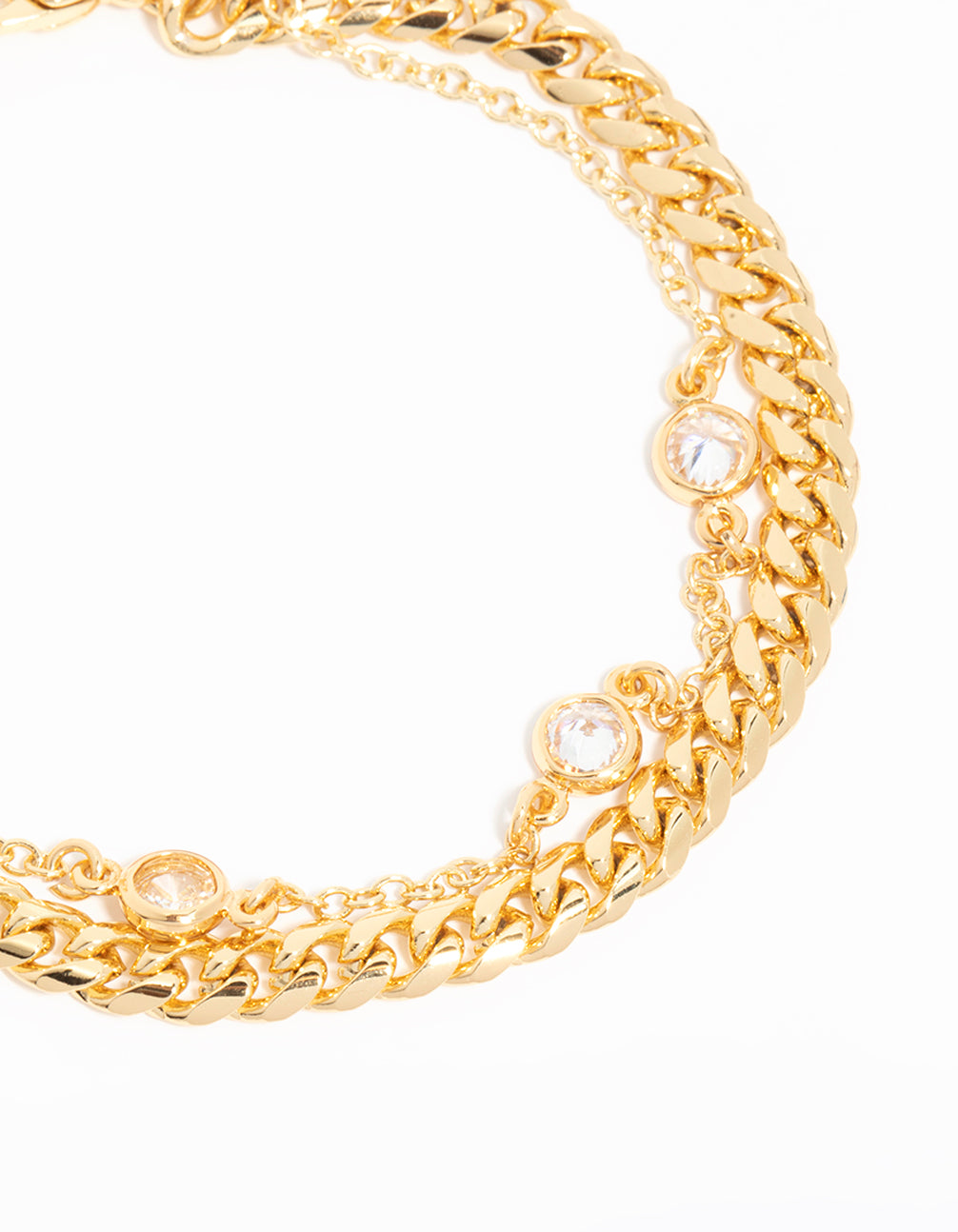 Gold Plated Cubic Zirconia Station & Chain Layered Bracelet
