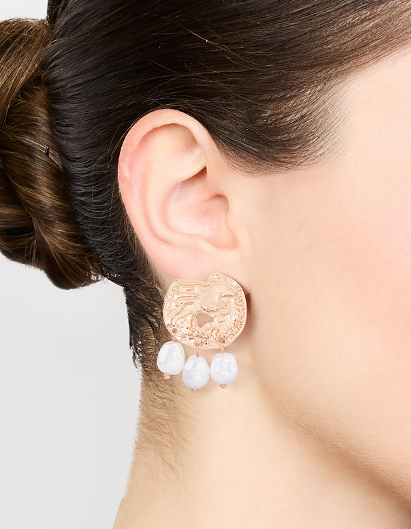 Gold Hammered Coin & Pearl Drop Earrings