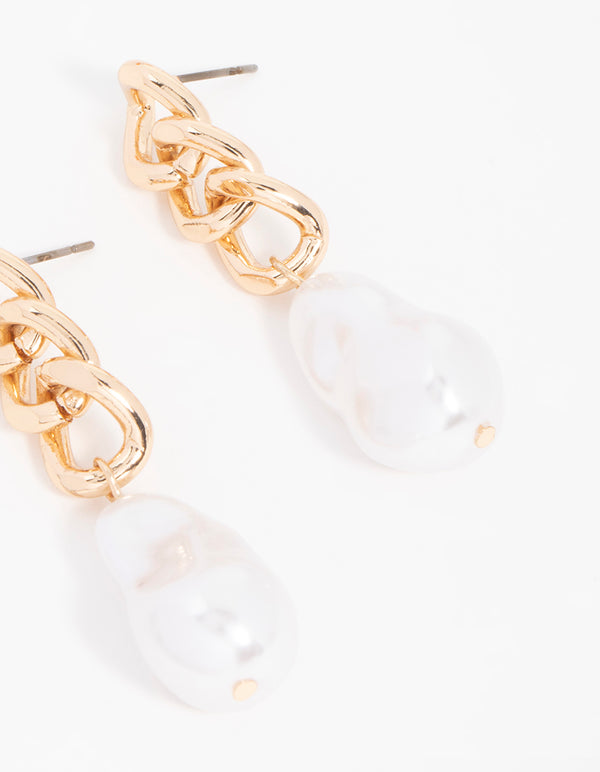 Gold Chain & Pearl Drop Earrings