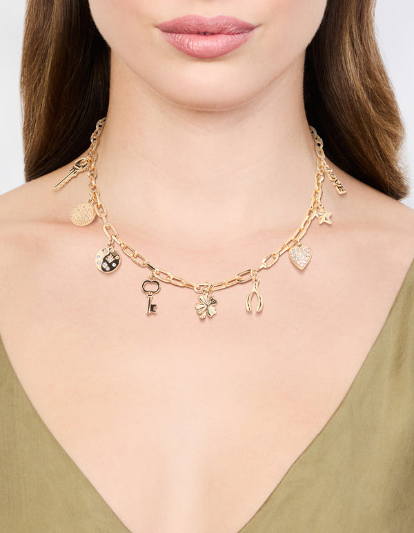 Gold Four Leaf Clover & Horseshoe Charm Necklace