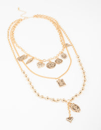 Gold Heart & Textured Charm Layered Necklace - link has visual effect only