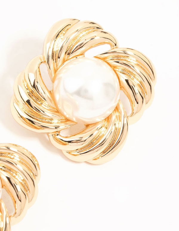 Gold Ribbed & Pearl Vintage Stud Earrings