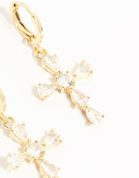 Gold Cubic Zirconia Cross Huggie Earrings - link has visual effect only