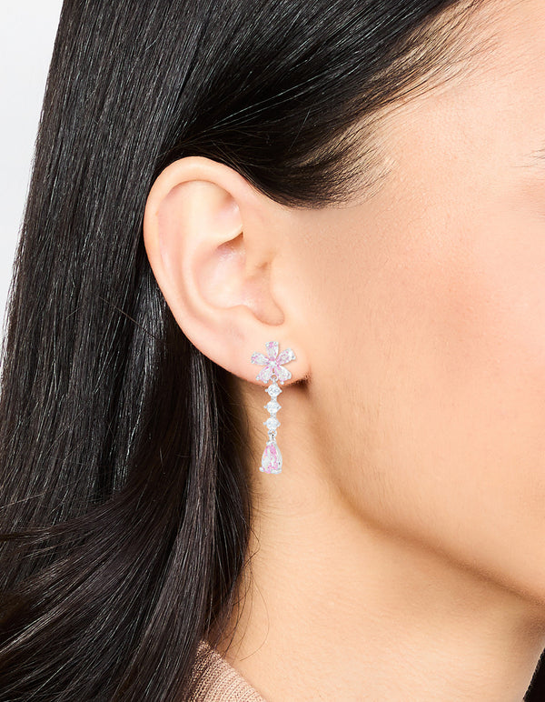 Silver Plated Pink Cubic Zirconia Flower Teardrop Stud Earrings