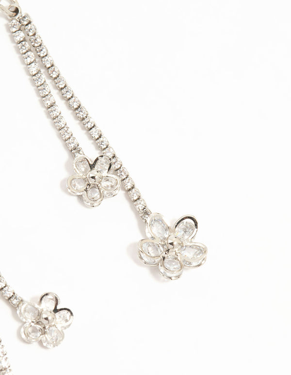 Silver Cubic Zirconia Flower Hook Drop Earrings