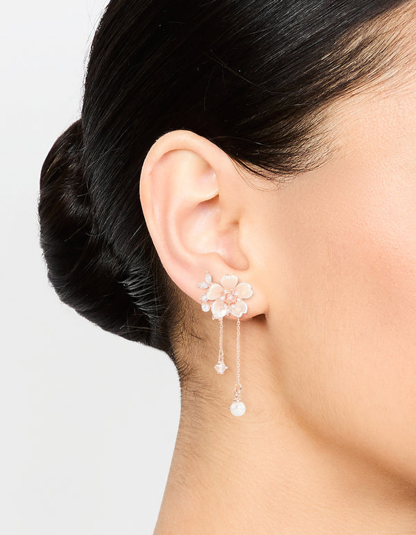 Rose Gold Plated Flower Diamante Pearl Drop Earrings