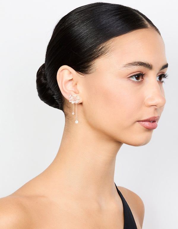Rose Gold Plated Flower Diamante Pearl Drop Earrings