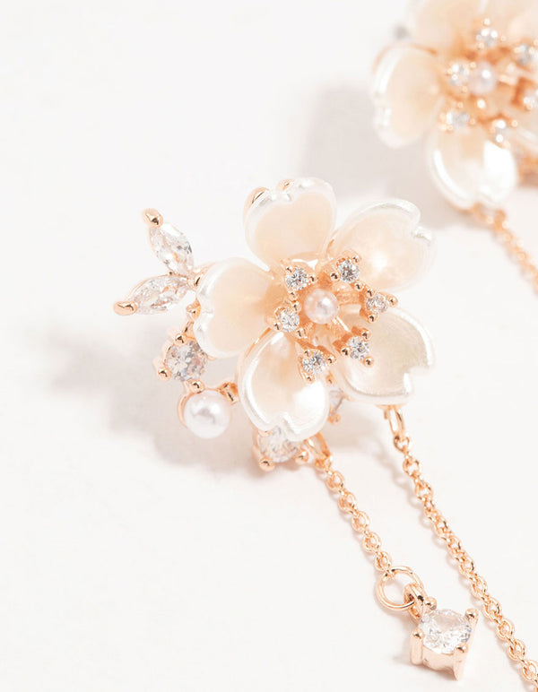 Rose Gold Plated Flower Diamante Pearl Drop Earrings