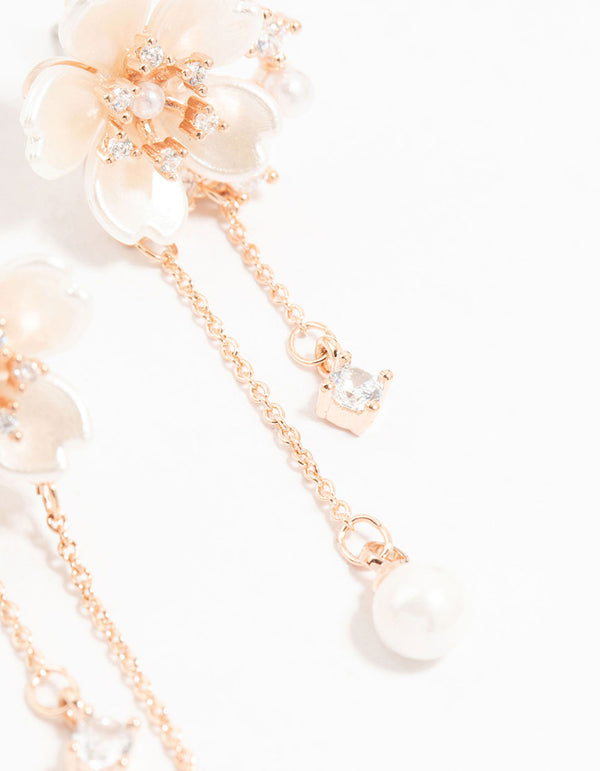 Rose Gold Plated Flower Diamante Pearl Drop Earrings
