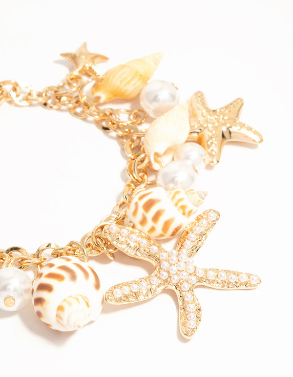Gold Starfish & Shell Charm Bracelet