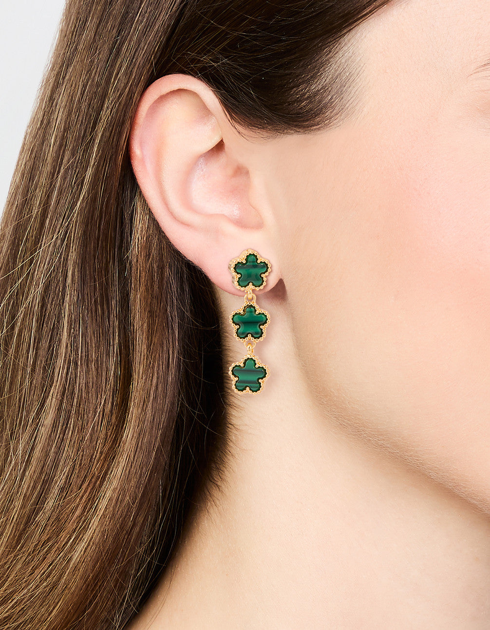 Gold Plated Emerald Flower Trio Drop Earrings