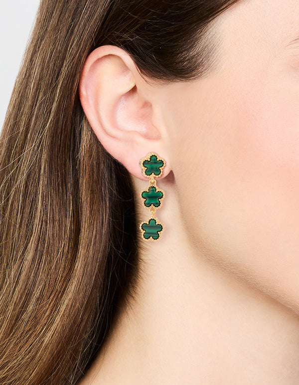 Gold Plated Emerald Flower Trio Drop Earrings