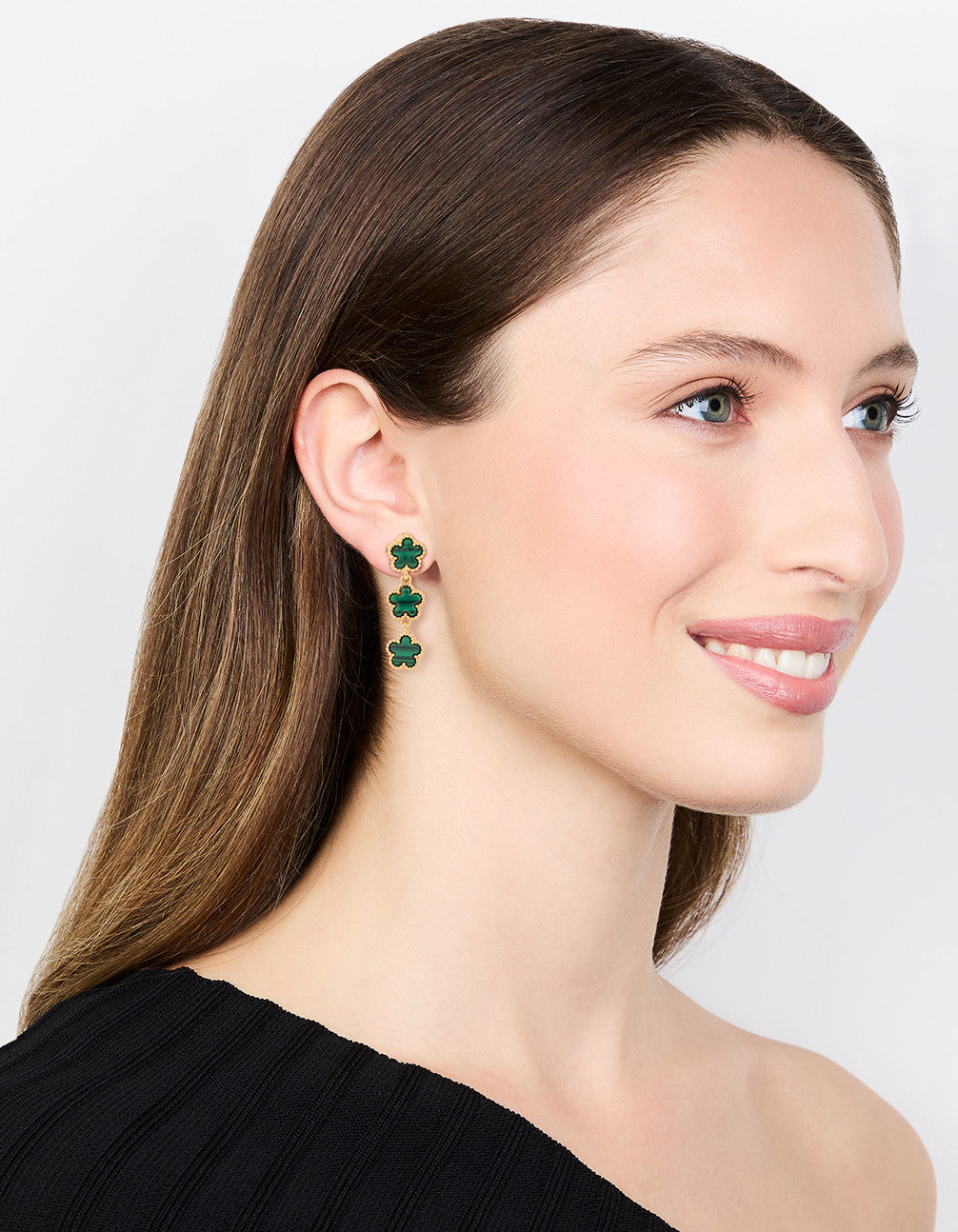 Gold Plated Emerald Flower Trio Drop Earrings