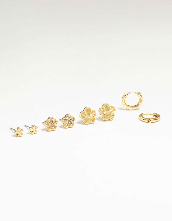 Gold Plated Brass Mini Flower Earrings 4-Pack