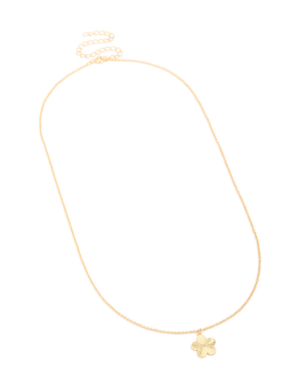 Gold Plated Brass Ribbed Flower Pendant Necklace
