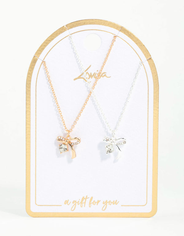 Mixed Metals Bow with Diamante Necklaces 2-Pack