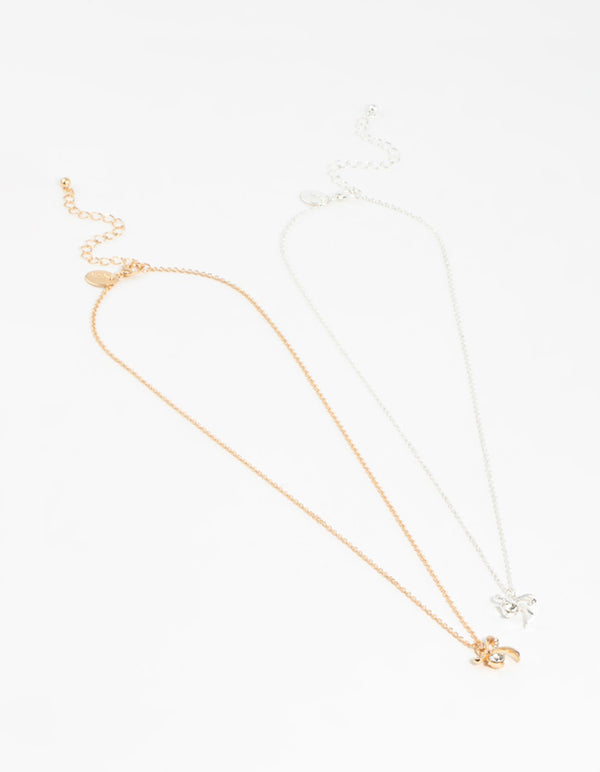 Mixed Metals Bow with Diamante Necklaces 2-Pack