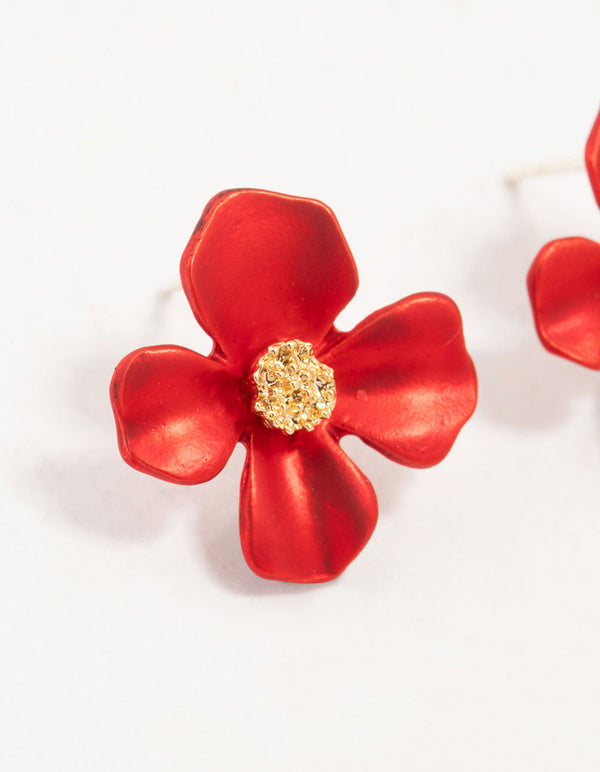 Gold Red Pearlised Flower Stud Earrings
