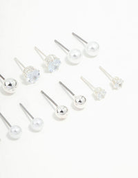 Silver Diamante & Pearl Stud Earrings 8-Pack - link has visual effect only