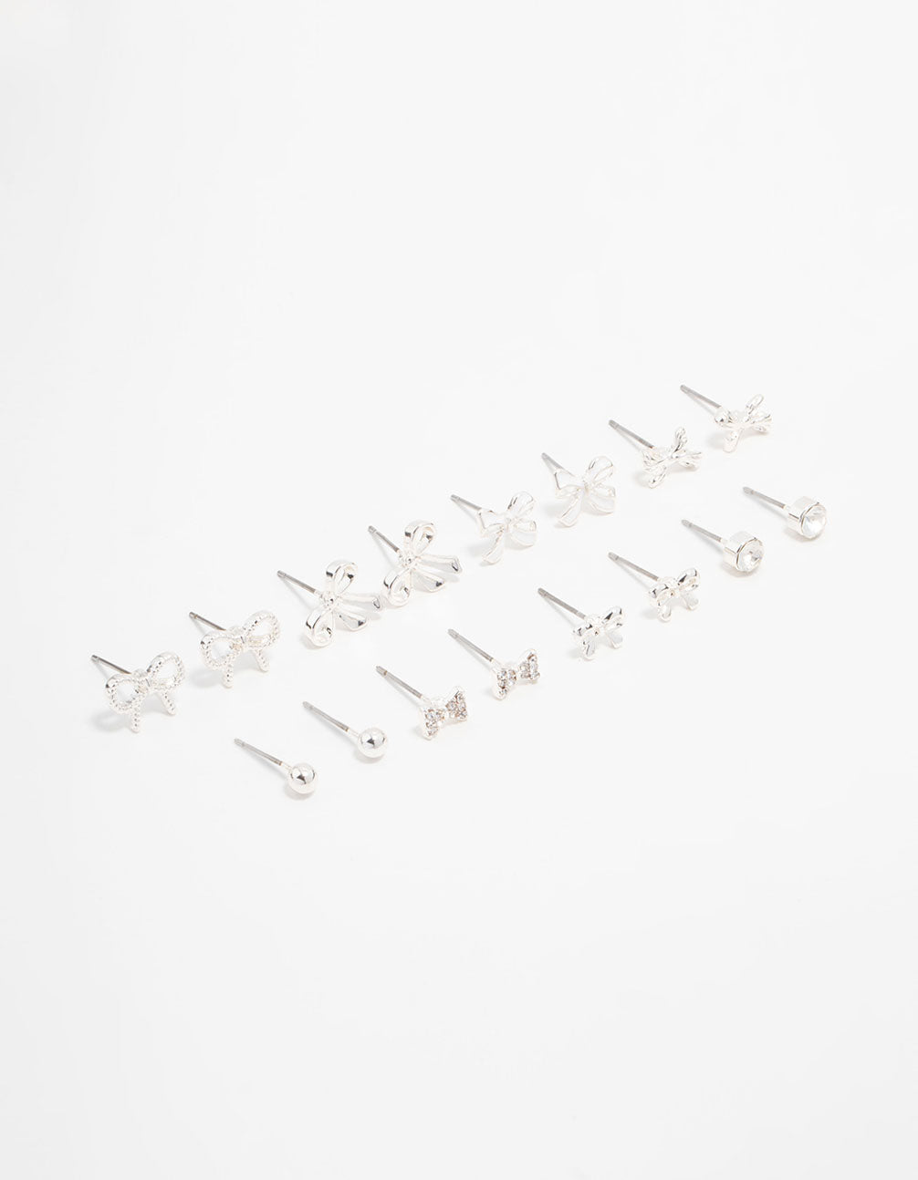 Silver Diamante & Bow Stud Earrings 8-Pack
